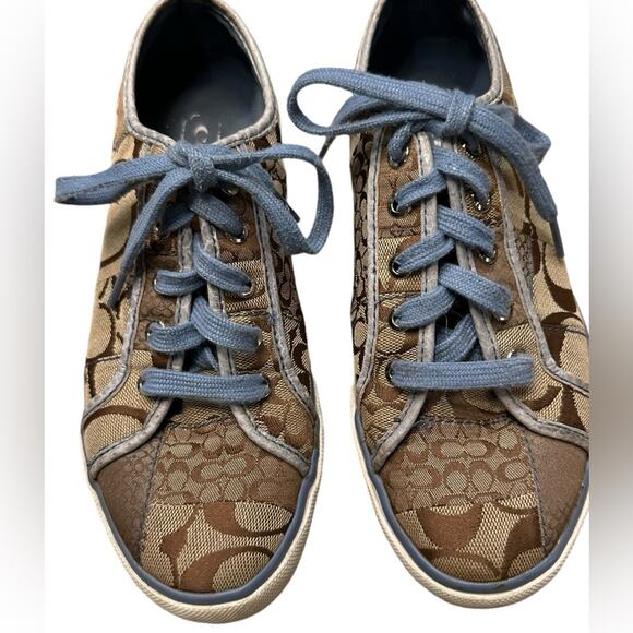 Coach Leather Womens 6M Brown/Tan Patchwork Sneakers with Blue Strings - Picture 1 of 9